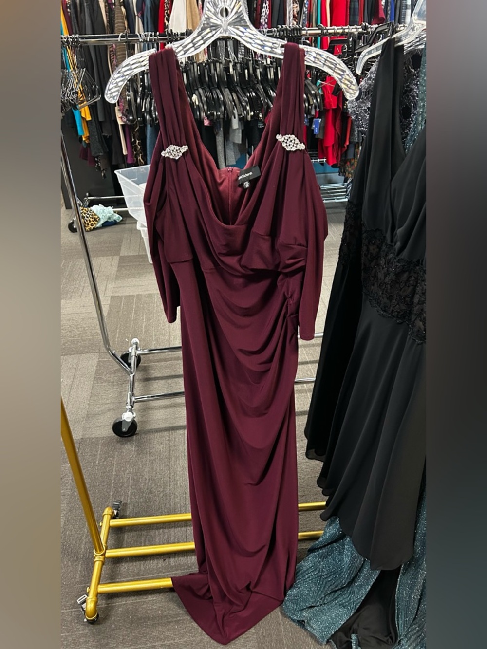 R&M Richards Burgundy Long Sleeve Draped Evening Gown